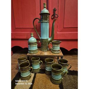 NIB 1960's Vintage Japanese Tea Set 11 Piece Teal Brown Ceramic 17" Teapot Cup